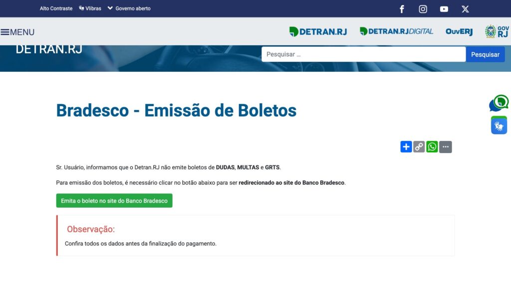 GRT do Detran RJ: O que é e como pagar Tela da página Bradesco - Emissão de Boletos no site do Detran RJ, onde começa a emissão da GRT
