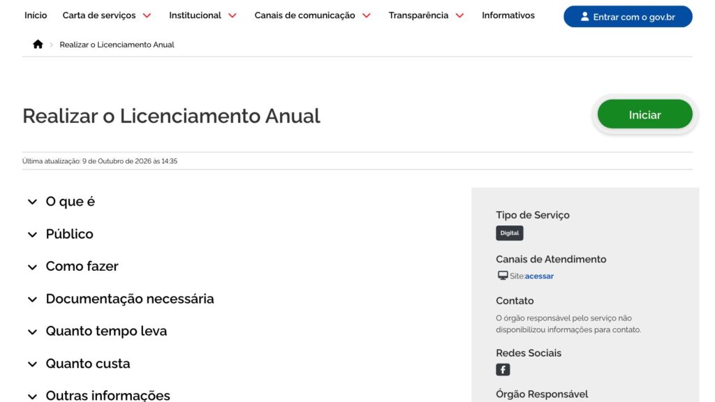 Licenciamento 2026 em SP: Quem ainda está no prazo? Tela da carta de serviço Realizar o Licenciamento Anual no portal do Poupatempo, usada no licenciamento 2026 em SP