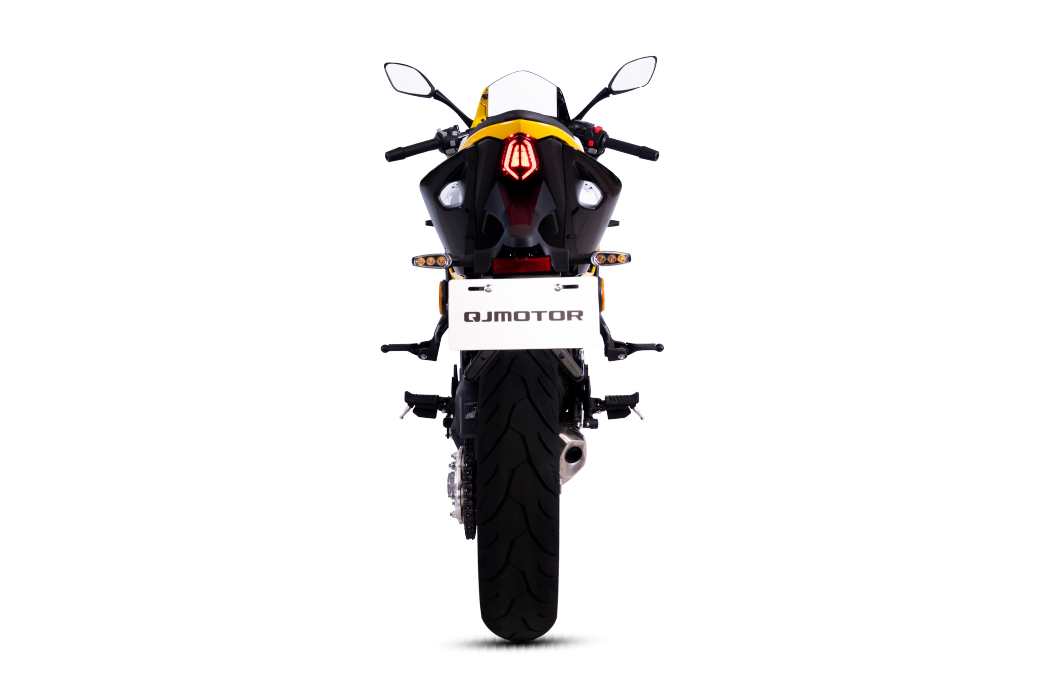 QJ Motor SRK 250 RS amarela vista traseira monobraço em alumínio