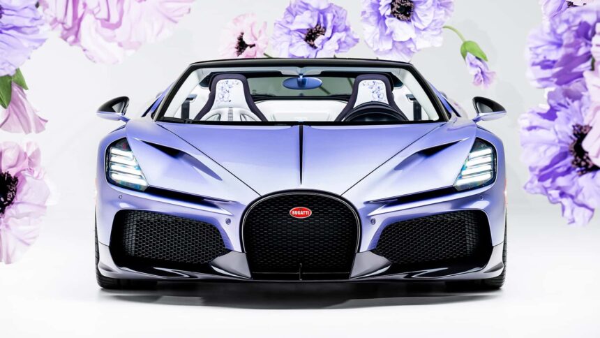 Bugatti W16 Mistral Caroline vista frontal com pintura Lavender exclusiva