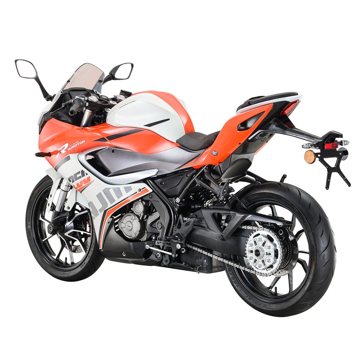 QJ Motor SRK 250 RS traseira monobraço em alumínio e escapamento integrado