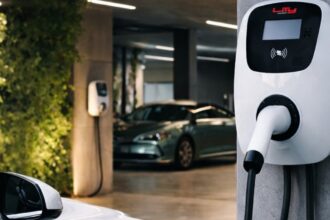 garagem residencial com wallbox instalado em vaga privativa, cabo conectado a um SUV elétrico, ambiente ventilado e organizado