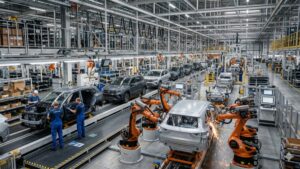 Linha de montagem de veículos no Brasil em março de 2026, com carros compactos e SUVs em produção