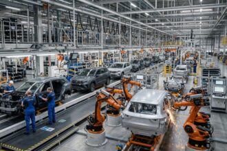 Linha de montagem de veículos no Brasil em março de 2026, com carros compactos e SUVs em produção