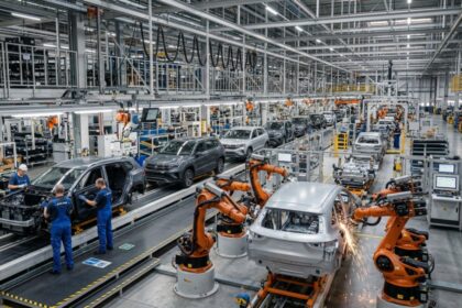 Linha de montagem de veículos no Brasil em março de 2026, com carros compactos e SUVs em produção