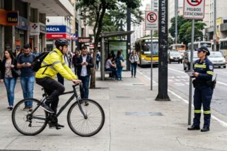 ciclista circulando corretamente na pista urbana, no mesmo sentido dos carros, com ciclovia ausente ao lado