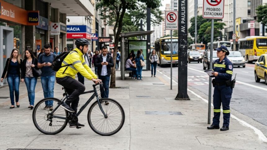 ciclista circulando corretamente na pista urbana, no mesmo sentido dos carros, com ciclovia ausente ao lado