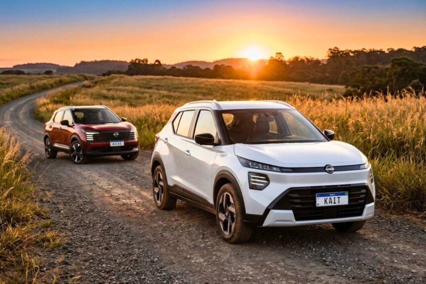 Nissan Kait prata em vista frontal 3/4, carro em estúdio com grade redesenhada e rodas de liga leve