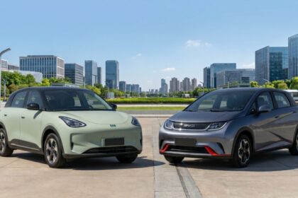 Geely EX2 Max 2026 prata, vista frontal 3/4 em ambiente urbano