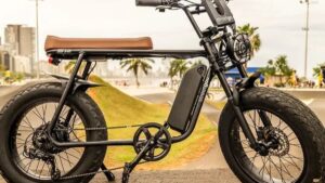 bicicleta elétrica e equipamento autopropelido circulando em ciclovia urbana, com sinalização horizontal e ciclistas ao fundo