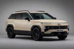 Hyundai Tucson 2026/2027 em vista frontal 3/4, com faróis no para-choque, faixa de LED no capô e estilo retro-futurista em estúdio