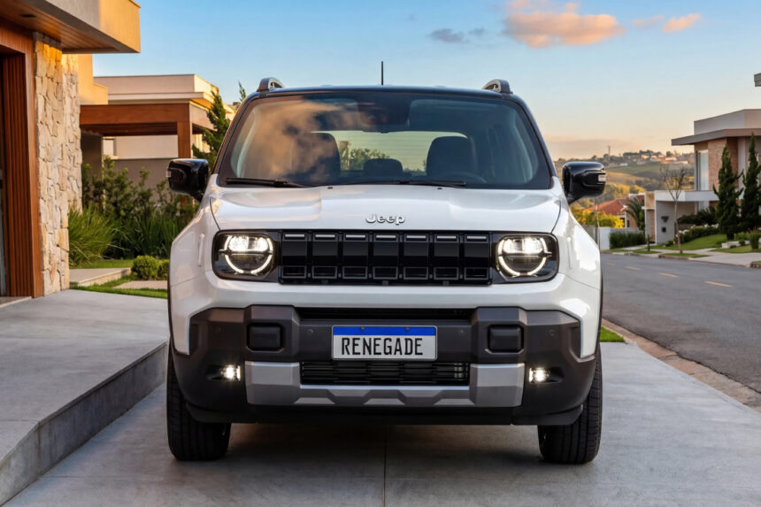 Jeep Renegade 2027 MHEV branco, vista frontal 3/4 em estúdio, com destaque para nova assinatura dos faróis full LED