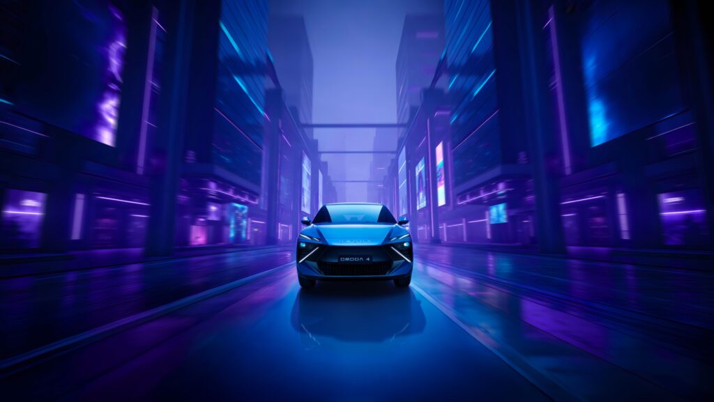 Omoda 4 azul em vista frontal centralizada em rua futurista com iluminação cyber