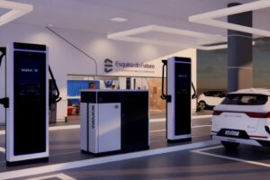 Brasil ganha recarga pública de 480 kW em Porto Alegre Estação de recarga ultrarrápida de 480 kW no Complexo do Futuro, Avenida Sertório em Porto Alegre, vista frontal ampla em orientação horizontal