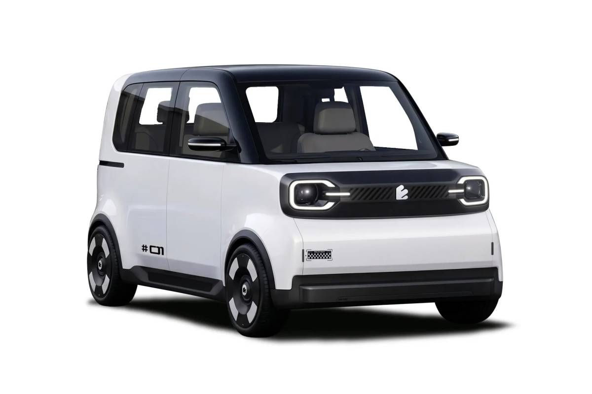 Emta #01 em render oficial ou conceito, vista frontal horizontal com proporções de kei car e teto contrastante