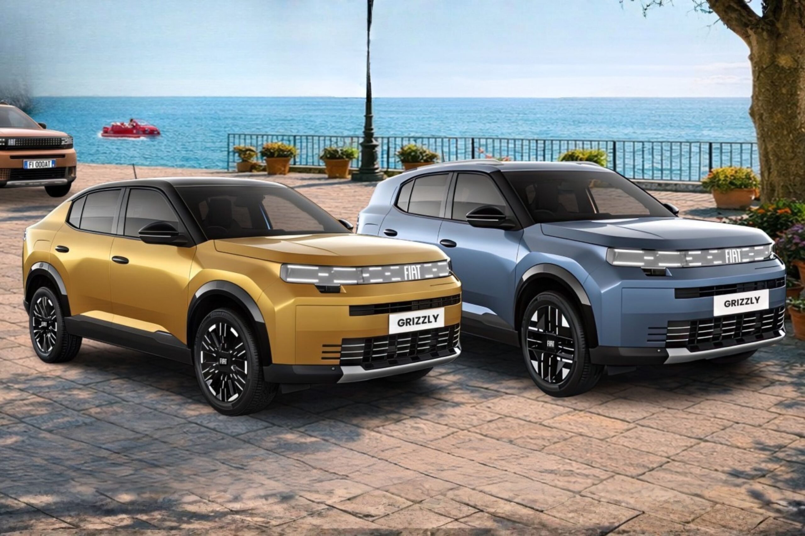 Plano da Fiat no Brasil mira picapes e SUVs inéditos Dois carros Fiat Grizzly, um dourado e outro azul-claro, estacionados em um calçamento de pedra à beira-mar, com um jet ski vermelho ao fundo