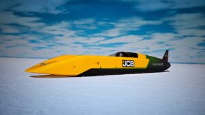 JCB Hydromax mira 563 km/h com hidrogênio Protótipo JCB Hydromax em estúdio, vista frontal baixa destacando carroceria longa e estreita, horizontal