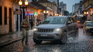 AEB obrigatório: Preço sobe mais nos carros de entrada? trânsito urbano brasileiro com hatch compacto freando, ilustração horizontal do funcionamento do AEB em baixa velocidade