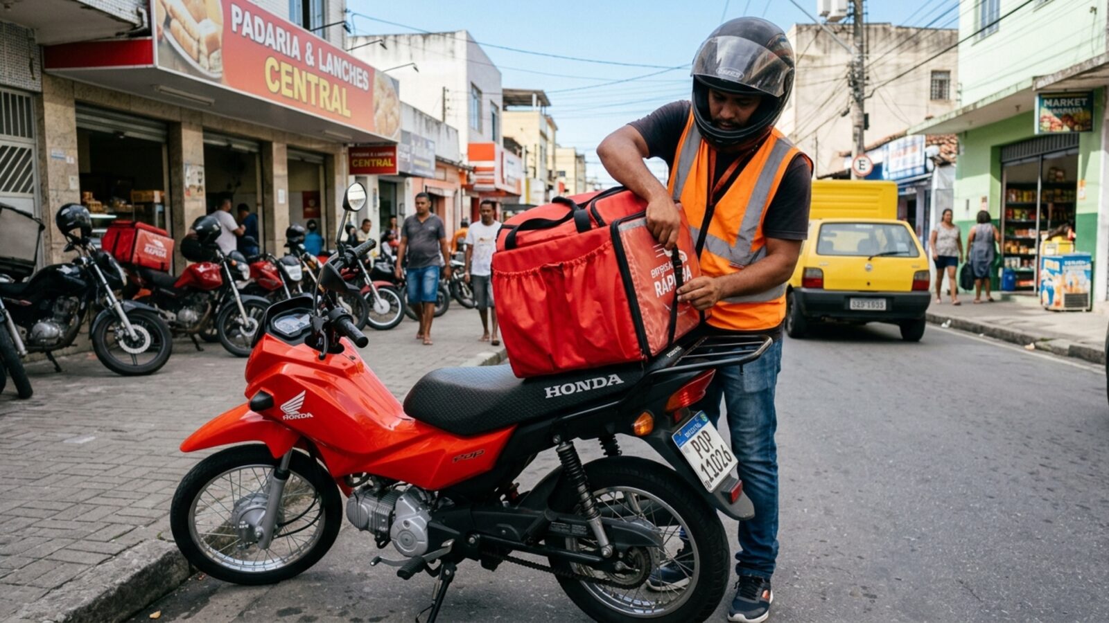 Honda Pop 110i ES 2027 vermelha em vista frontal, estacionada em uma rua urbana brasileira, orientação horizontal landscape