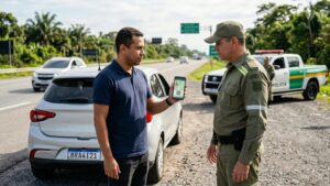 CNH digital: Dirigir sem documento físico dá multa? Motorista brasileiro mostrando a CNH digital no aplicativo Carteira Digital de Trânsito durante uma fiscalização, celular em primeiro plano, orientação horizontal