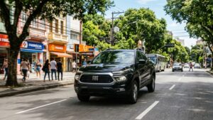 Fiat Toro 2026: 937 litros bastam para encarar a Rampage? Fiat Toro 2026 vermelha em vista frontal, estacionada em ambiente urbano brasileiro, orientação horizontal landscape