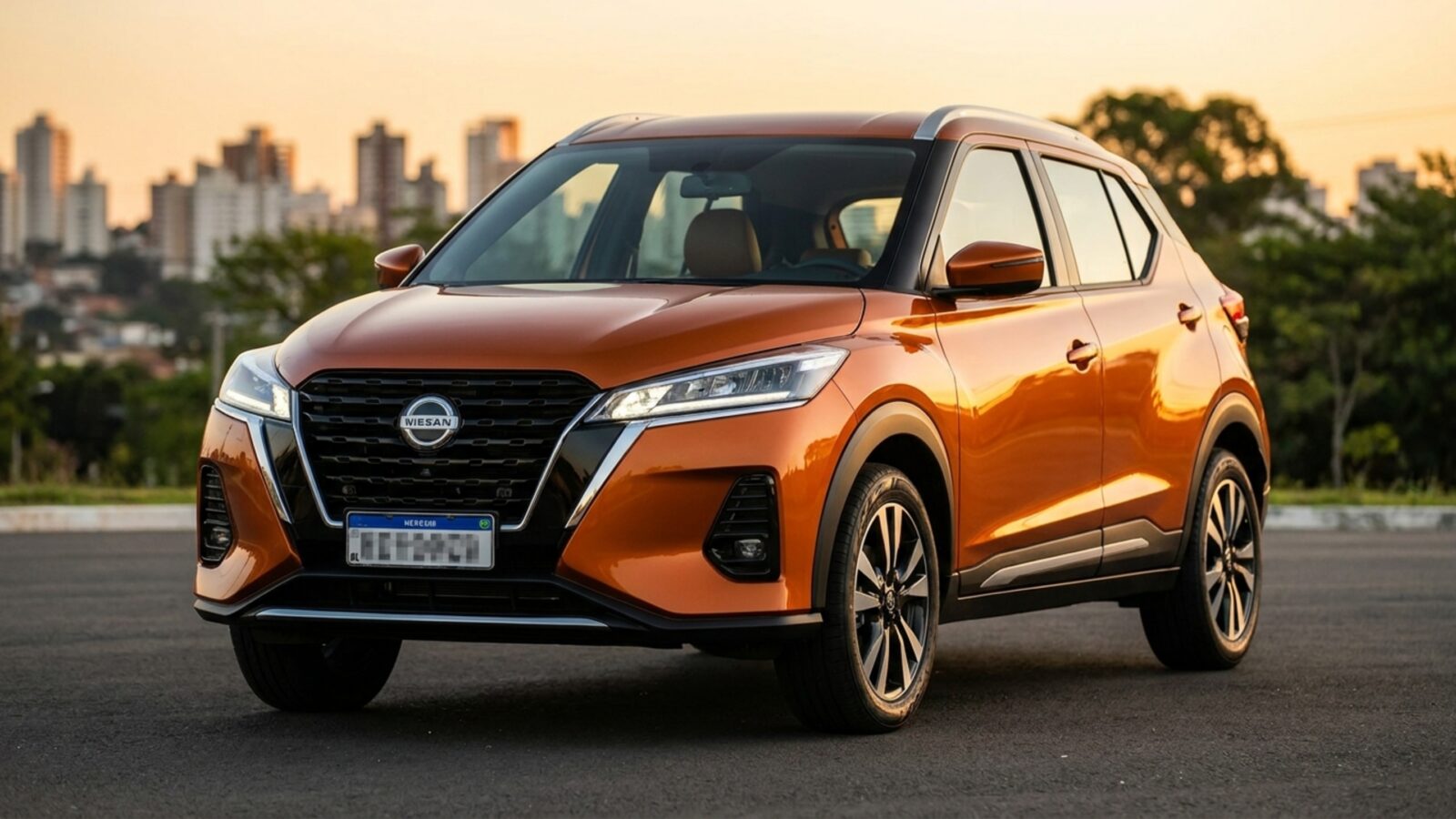 Nissan Kicks 2026 vermelho em vista frontal, estacionado em uma rua urbana brasileira, orientação horizontal landscape