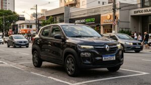 Renault Kwid: Compacto leva cinco pessoas Renault Kwid em versão de entrada, vista frontal em rua urbana brasileira, orientação horizontal landscape