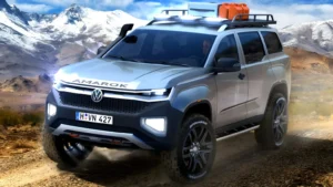 SUV da Amarok mira SW4 com 7 lugares e possível PHEV SUV Volkswagen derivado da nova Amarok, grande e com três fileiras, em vista frontal numa estrada sul-americana, orientação horizontal