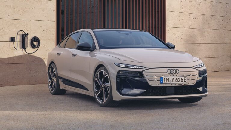 Audi A6 Sportback e-tron, bege, vista dianteira três quartos (recortada em 16:9)