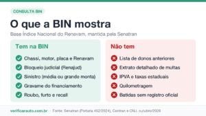 Infográfico da consulta BIN com o que a Base Índice Nacional do Renavam contém e o que ela não mostra