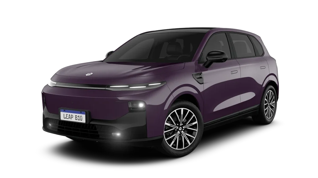 Leapmotor B10 Elétrico na cor Roxo Aurora, vista dianteira três-quartos