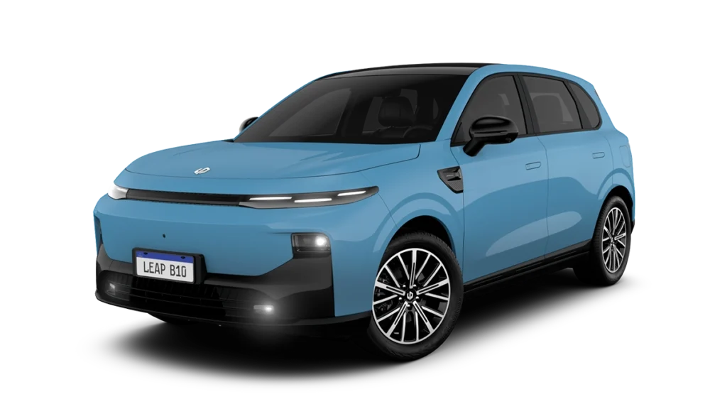 Leapmotor B10 Ultra-Híbrido na cor Azul Celeste, vista dianteira três-quartos