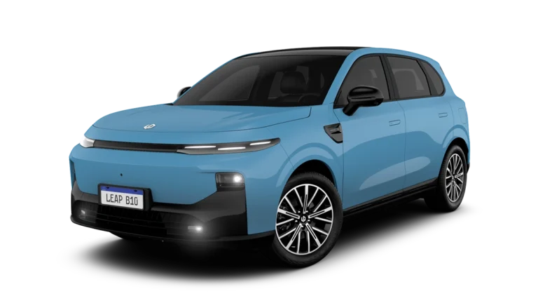 Leapmotor B10 Ultra-Híbrido na cor Azul Celeste, vista dianteira três-quartos