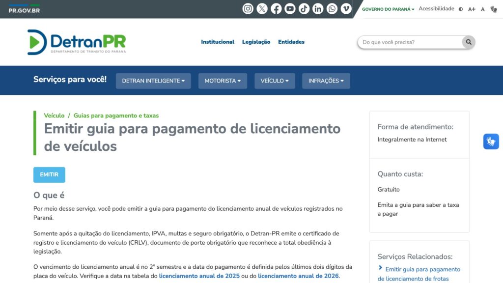 Tela do serviço Emitir guia para pagamento de licenciamento no portal do Detran-PR