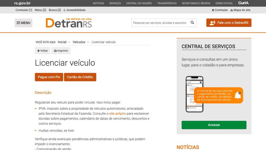 Tela do serviço Licenciar veículo no portal do DetranRS, com opções de Pix e cartão de crédito