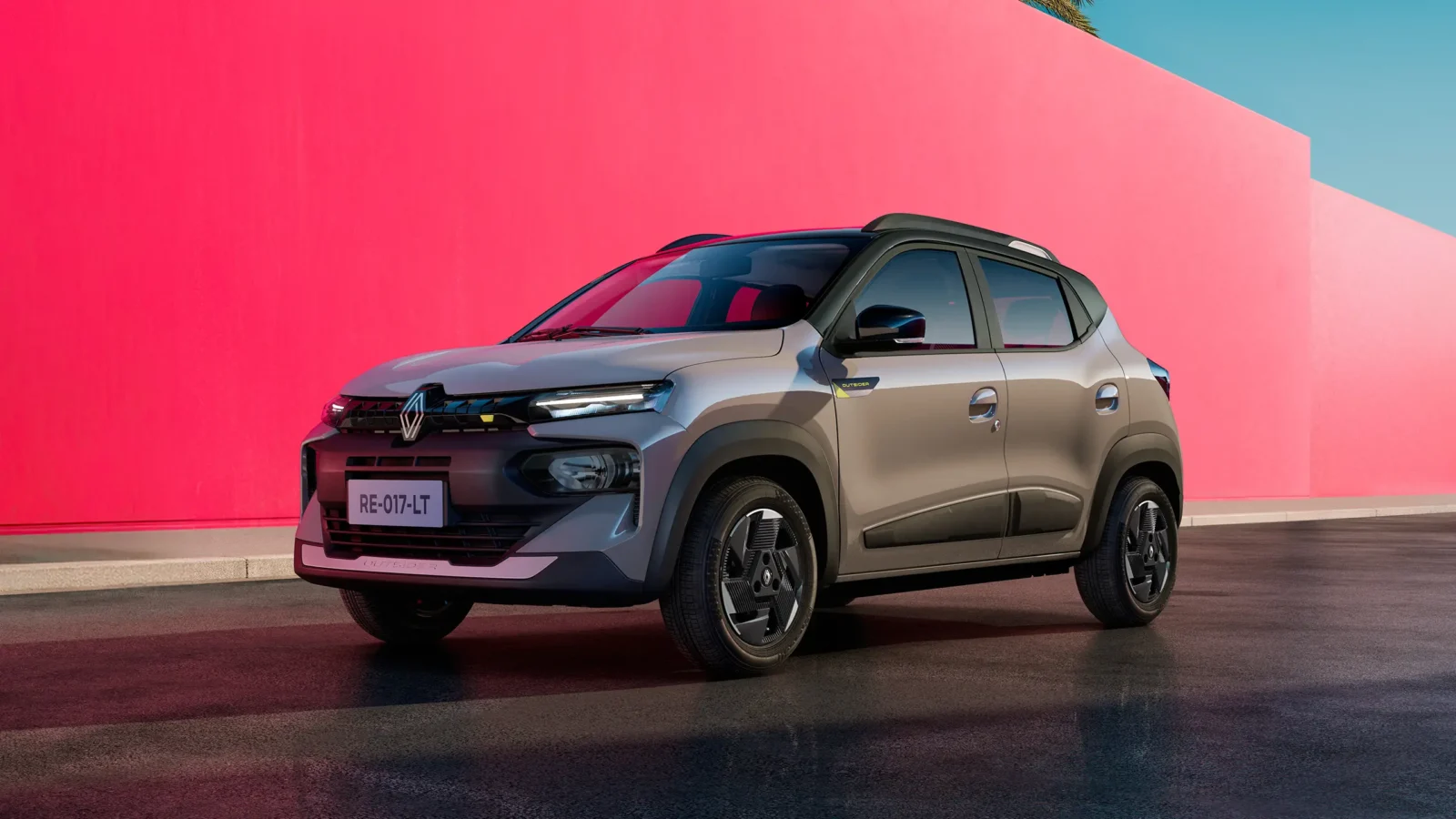 Renault Kwid linha 2027 cinza em vista dianteira de três quartos, foto oficial